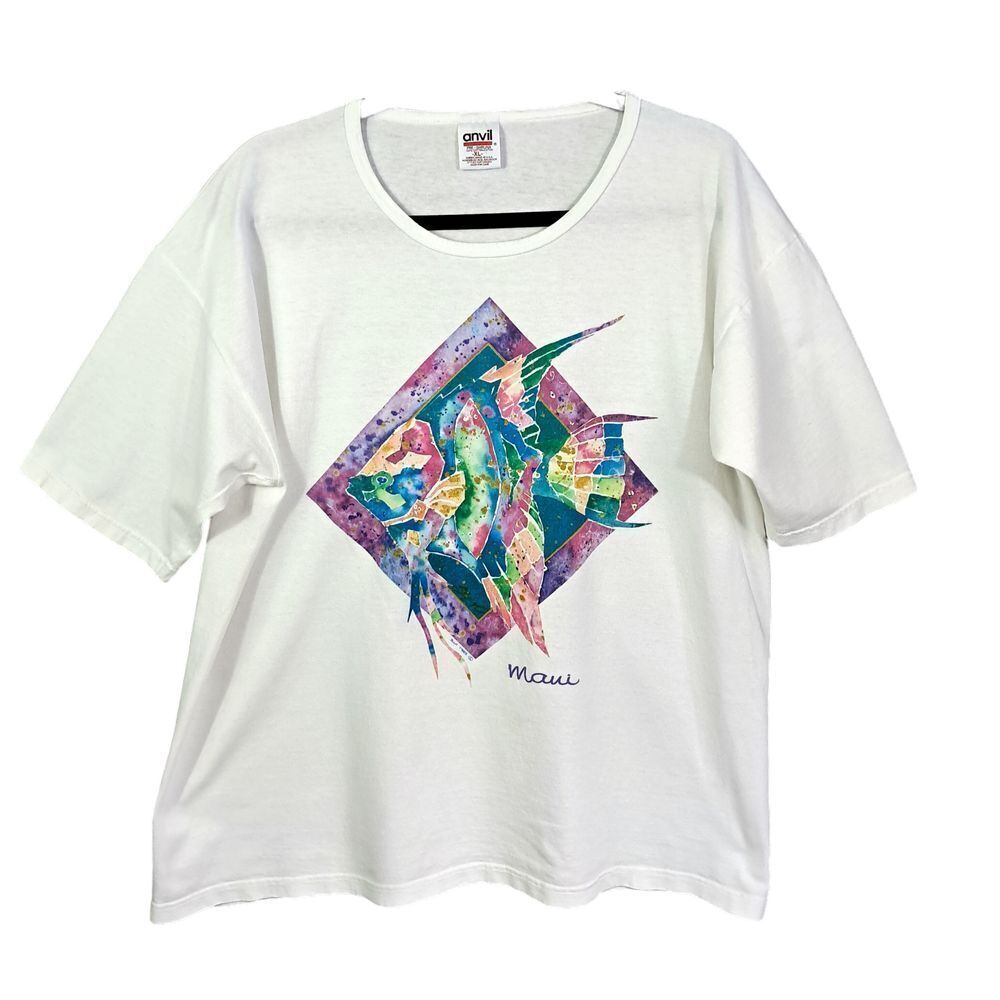 Vintage Anvril Maui Shirt Women XL White USA Sun Tees Y2K Colorful Vacation Fish
